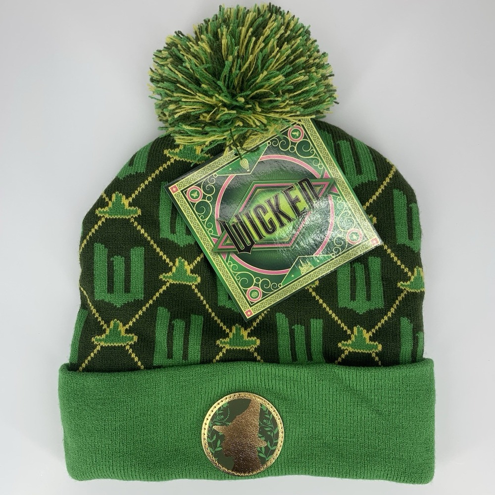 Universal Studios WICKED Beanie Elphaba Green Pom Pom Cuffed Hat Cap NWT